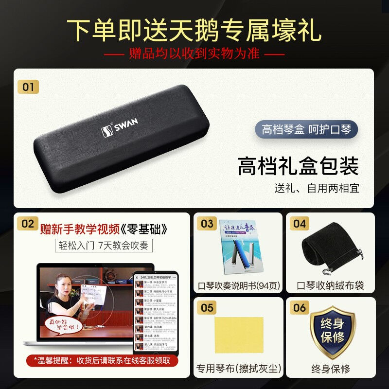 天鹅SWAN口琴24孔复音音簧高级成人初学者学生演奏口琴C调蓝色.