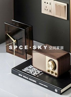 好货现代轻奢样板间卧室床头柜复古音响组合饰品摆件灰色方形玻璃