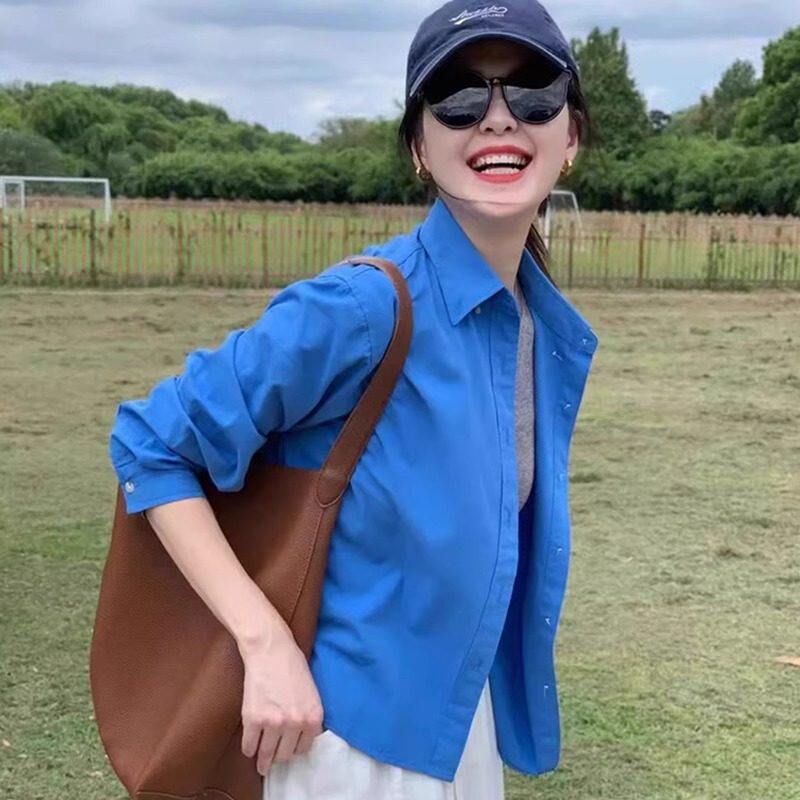 法式短款衬衫女夏季小个子克莱因蓝长袖衬衫开衫外套宽松防晒上衣