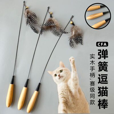 实木柄逗猫棒新款可替换头猫咪玩具 CFA赛级自嗨羽毛铃铛宠物用品