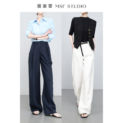 漫淑霏夏季新款天丝亚麻裤直筒微阔腿裤子休闲拖地裤