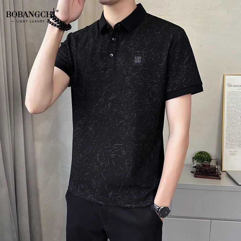 冰丝短袖POLO衫男2025年夏季高端碎花刺绣翻领T恤潮牌修身休闲