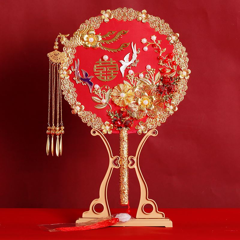 结婚团扇新娘秀禾服出嫁红色喜扇子高级2023新款成品中式婚礼新婚