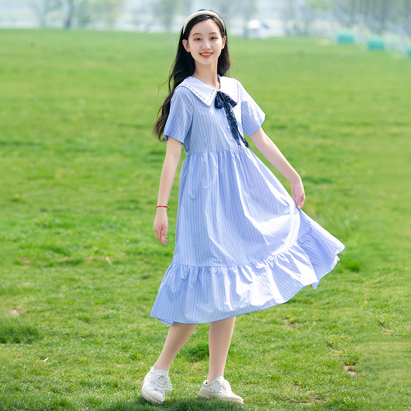 速发少夏大初中学生连衣裙装童高中生学院风条纹盖清新过膝小长裙