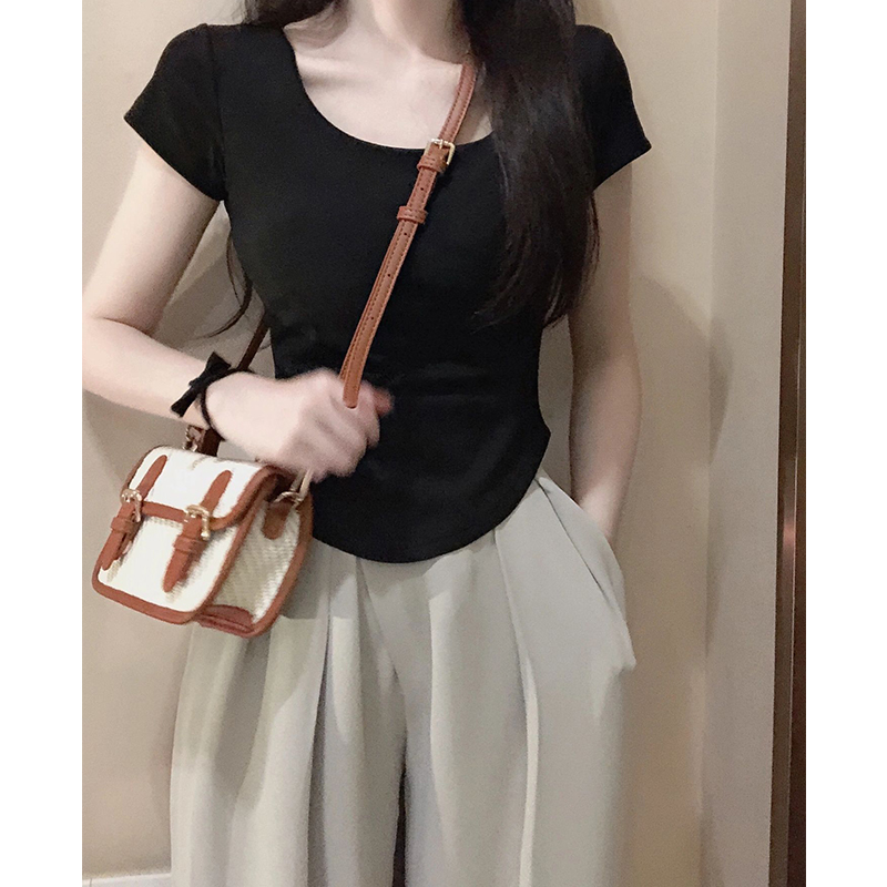 速发辣正黑色妹肩u领t恤夏不规则紧纯收腰半袖短款身棉上衣