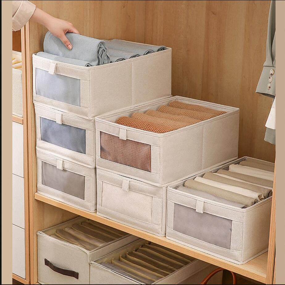 日系布艺收纳盒可折叠无盖透明网纱大号衣柜整理布艺可视窗收纳箱