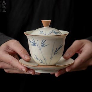 草木灰手绘盖碗釉下彩青花君竹泡茶器家用高档功夫茶具陶瓷茶碗