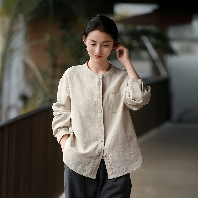 鹿与安笛棉麻女装2026秋季新款衬衫女新中式感简约苎麻衬衣图片