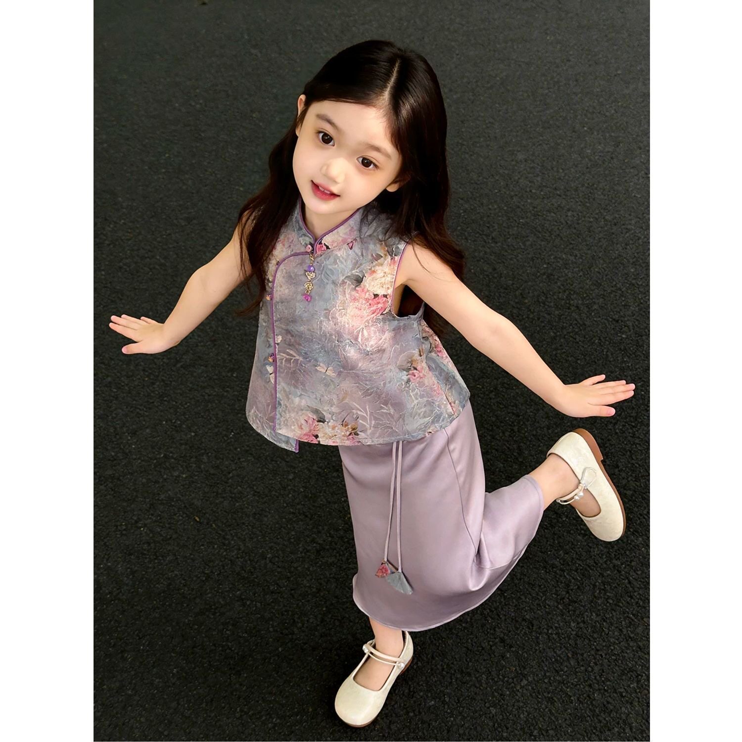 新中式童装女童旗袍裙夏季2026新款国风儿童灰色马甲上衣宝宝半裙