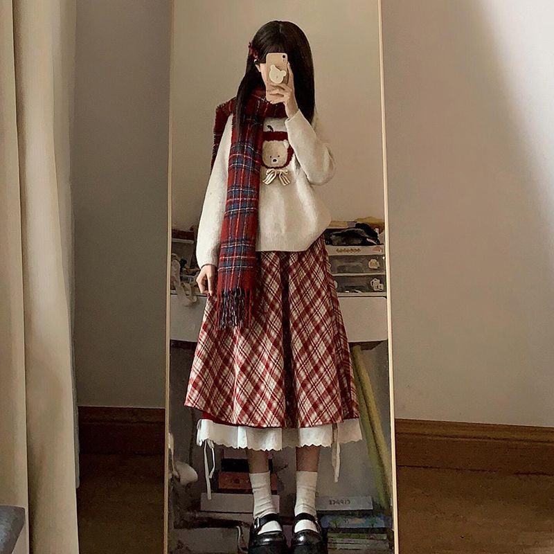 日系甜美可爱软糯提花针织毛衣女秋冬叠穿高腰格纹半身裙两件套装