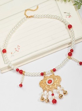 新款马面裙项链配饰古风儿童珍珠吊坠背云软璎珞长流苏项圈如意锁