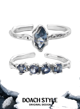 DOACH 冰凝系列 不掉色925纯银戒指蓝色锆石叠戴指环简约开口可调