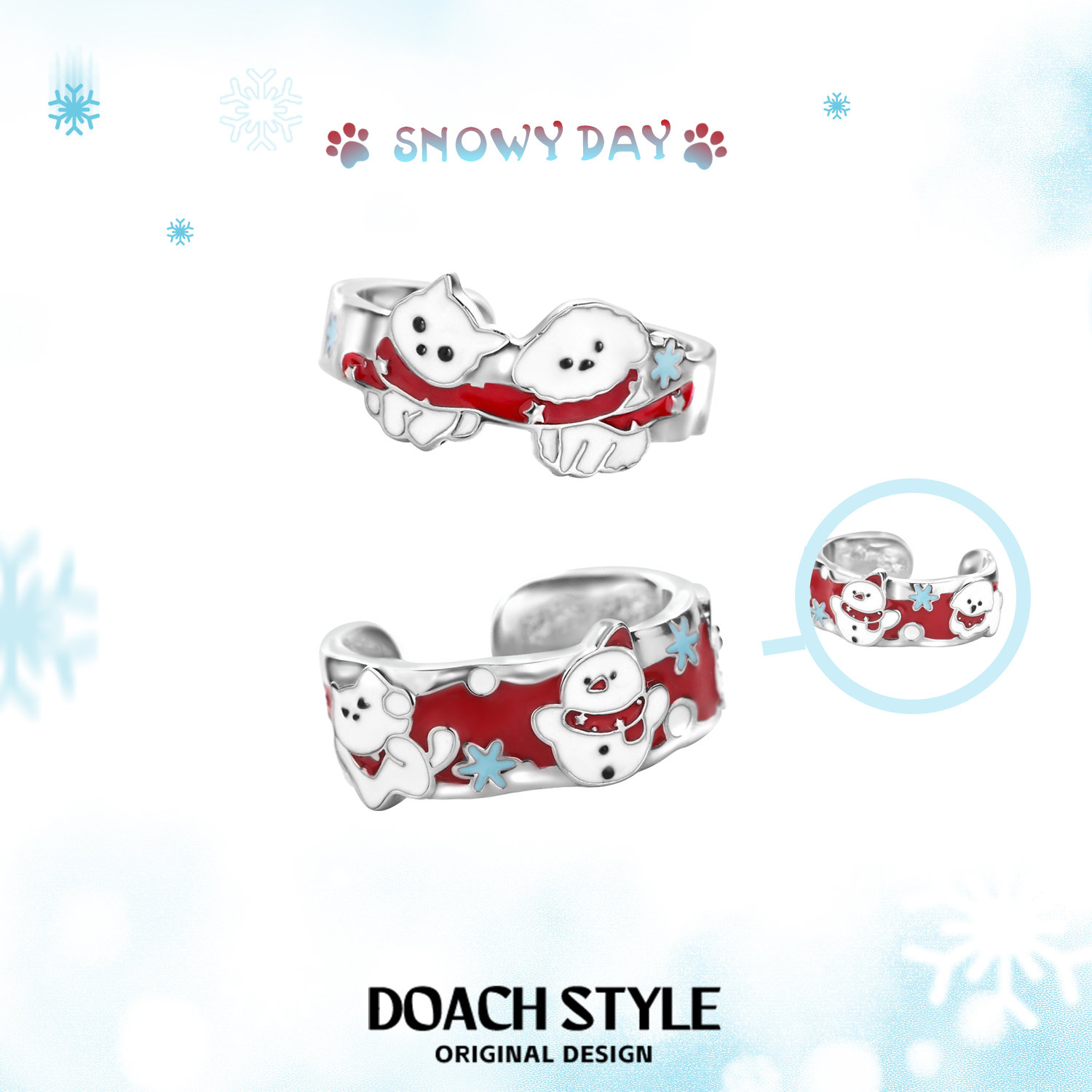 DOACH圣诞雪仗猫狗纯银情侣对戒