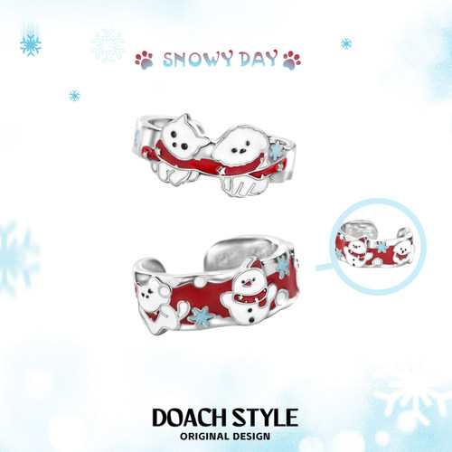 DOACH圣诞雪仗猫狗纯银情侣对戒