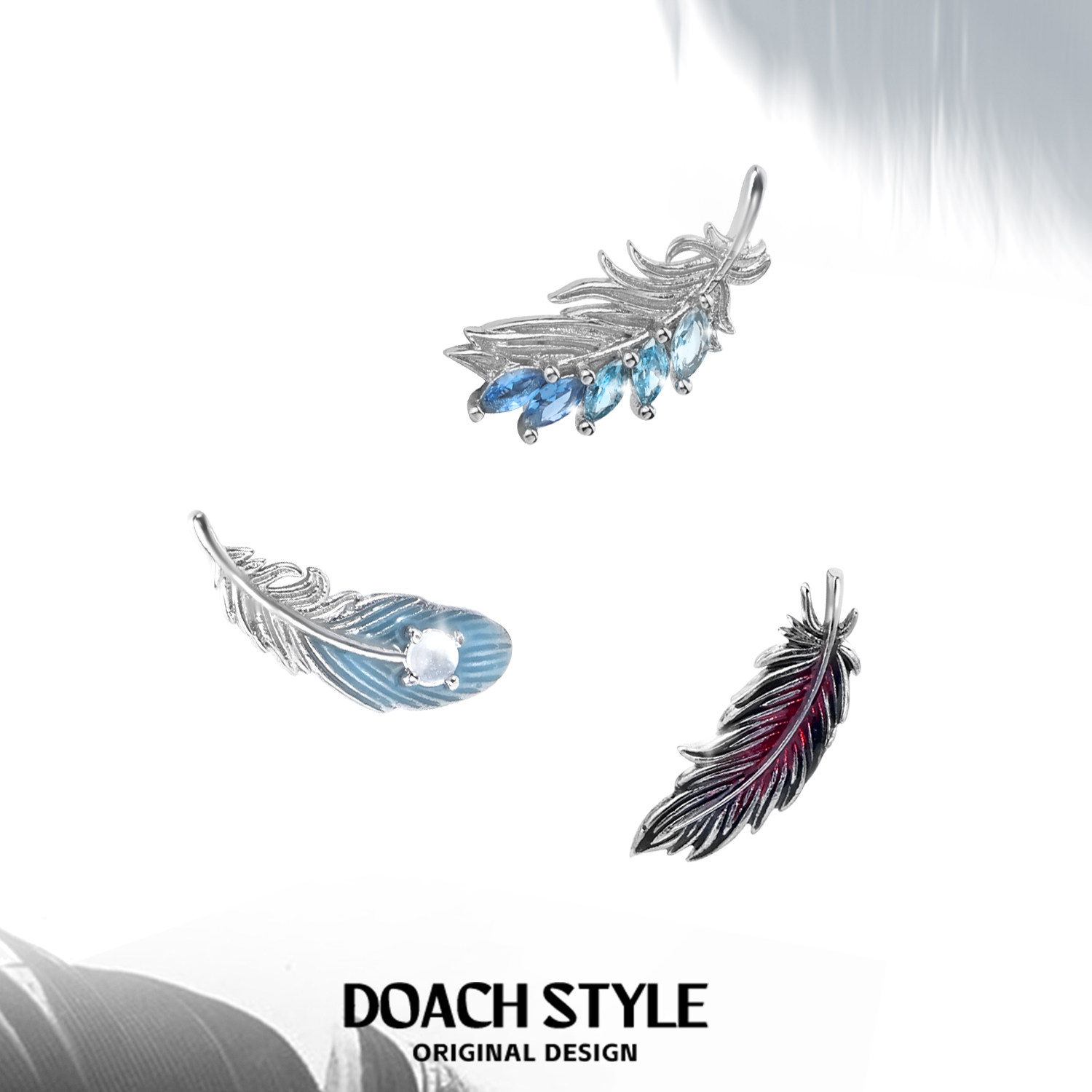DOACH 纯银养耳洞羽毛锆石耳钉耳环原创小众设计高级感甜酷耳饰