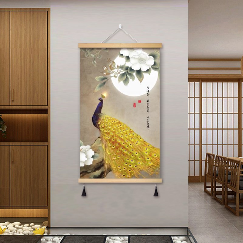 速发新中式富贵孔雀布艺挂画玄关装饰画挂布客厅背景墙画走廊过道图片
