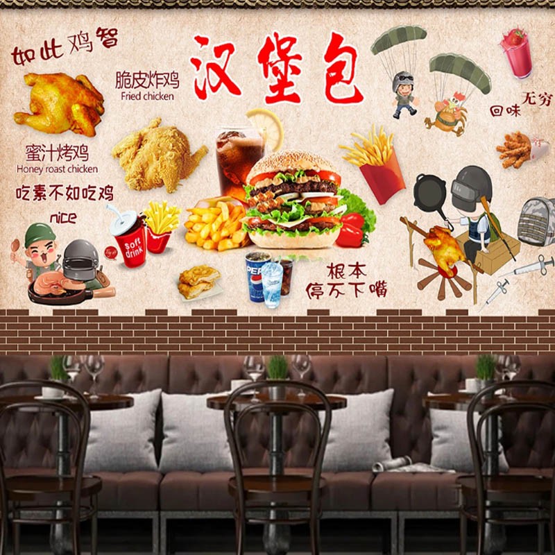 速发创意手绘炸鸡汉堡披萨奶茶店背景墙壁纸8d仿砖墙西餐厅装饰画图片