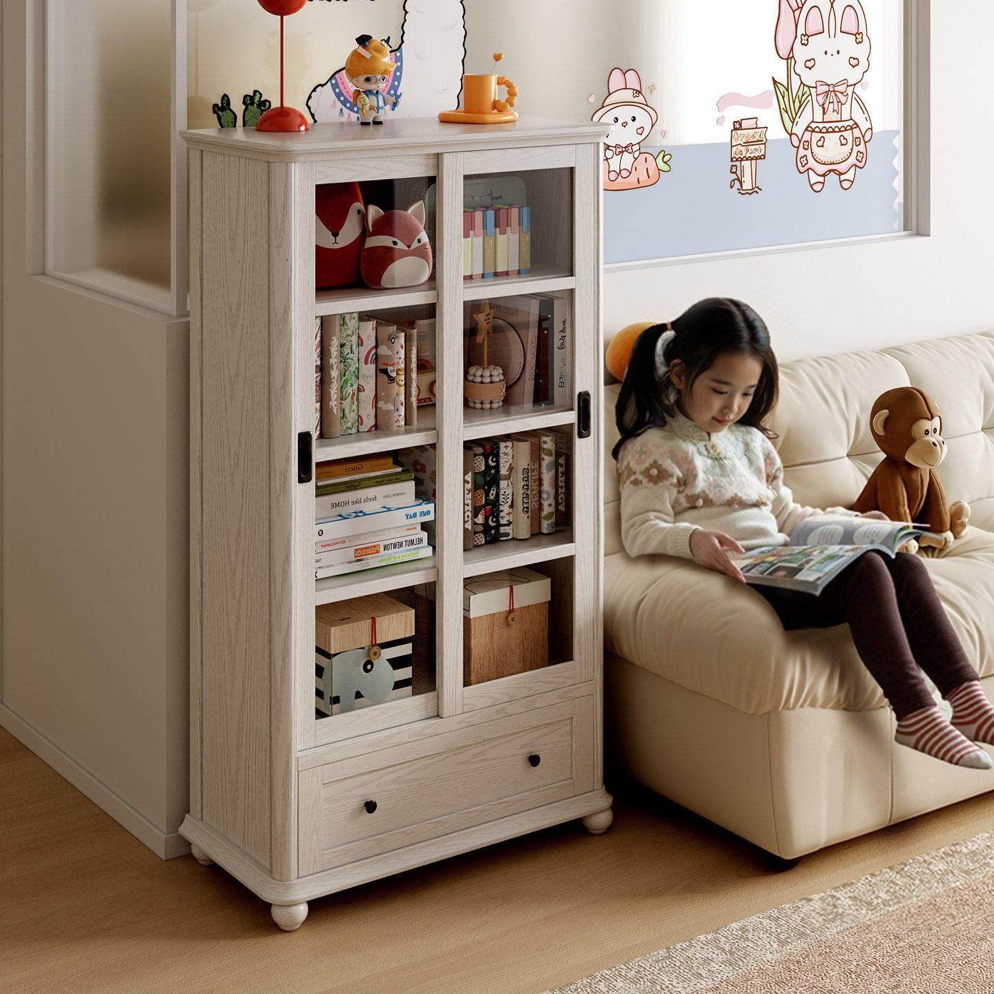 儿童落地书柜实木玻璃拉门防尘家用客厅阅读收纳一体置物架书架