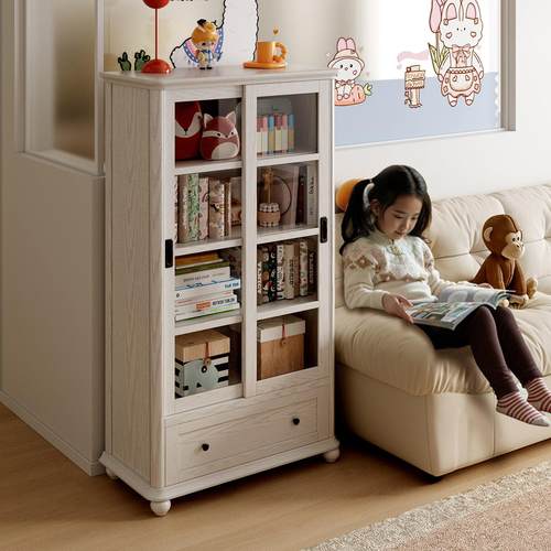 儿童落地书柜实木玻璃拉门防尘家用客厅阅读收纳一体置物架书架