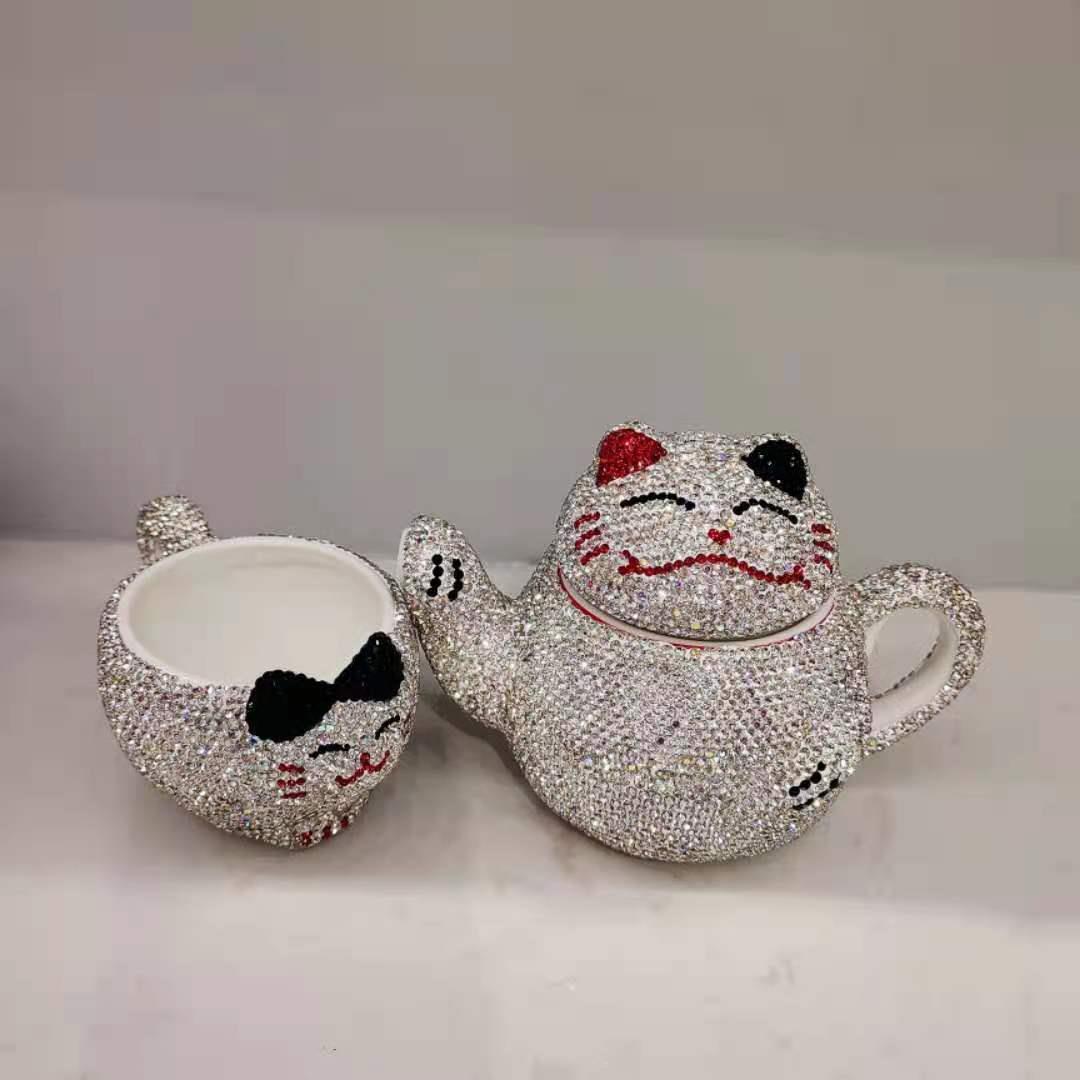 镶钻精美招财猫茶壶创意茶杯水杯可爱陶瓷单人壶茶具套装