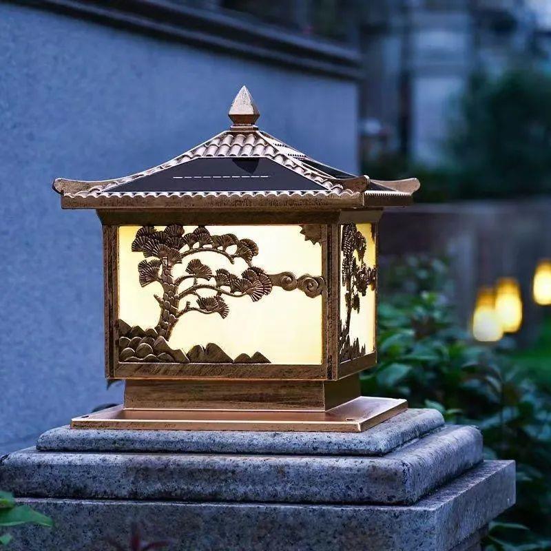 迎客松太阳能柱头灯室外防水庭院别墅新农村大门口户外围墙围栏灯