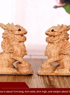 桃木麒麟摆件木雕木质立体一对家居卧室办公室摆设装饰工艺品礼品