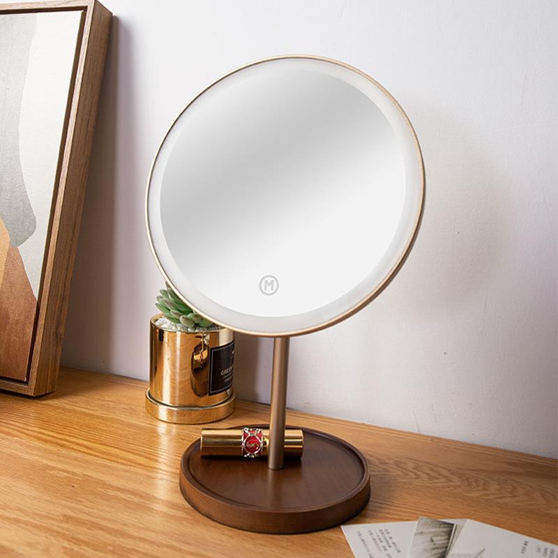 木质化妆镜LED带灯三色补光美妆镜圆形旋转卧室桌面台式化妆镜子