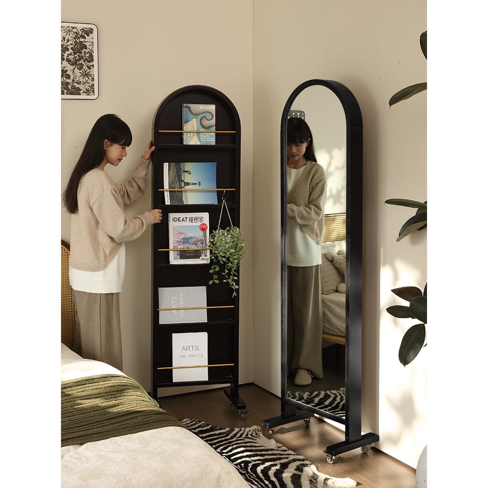 法式复中古杂志书架可移动实木全身镜子旋转落地穿衣收纳家用一体