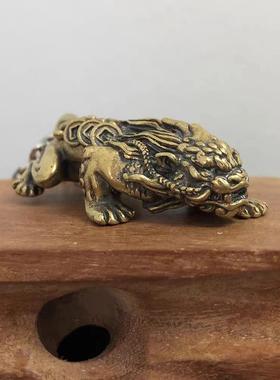 黄铜实心狮头貔貅天禄摆件茶宠中式精品国风手把件铜器风水