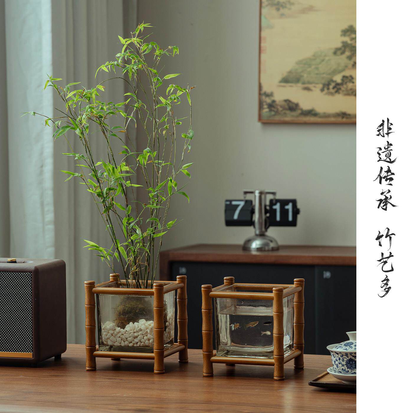 桌面小花架中式仿古花几水培植物摆件置物架办公室桌上装饰小鱼缸