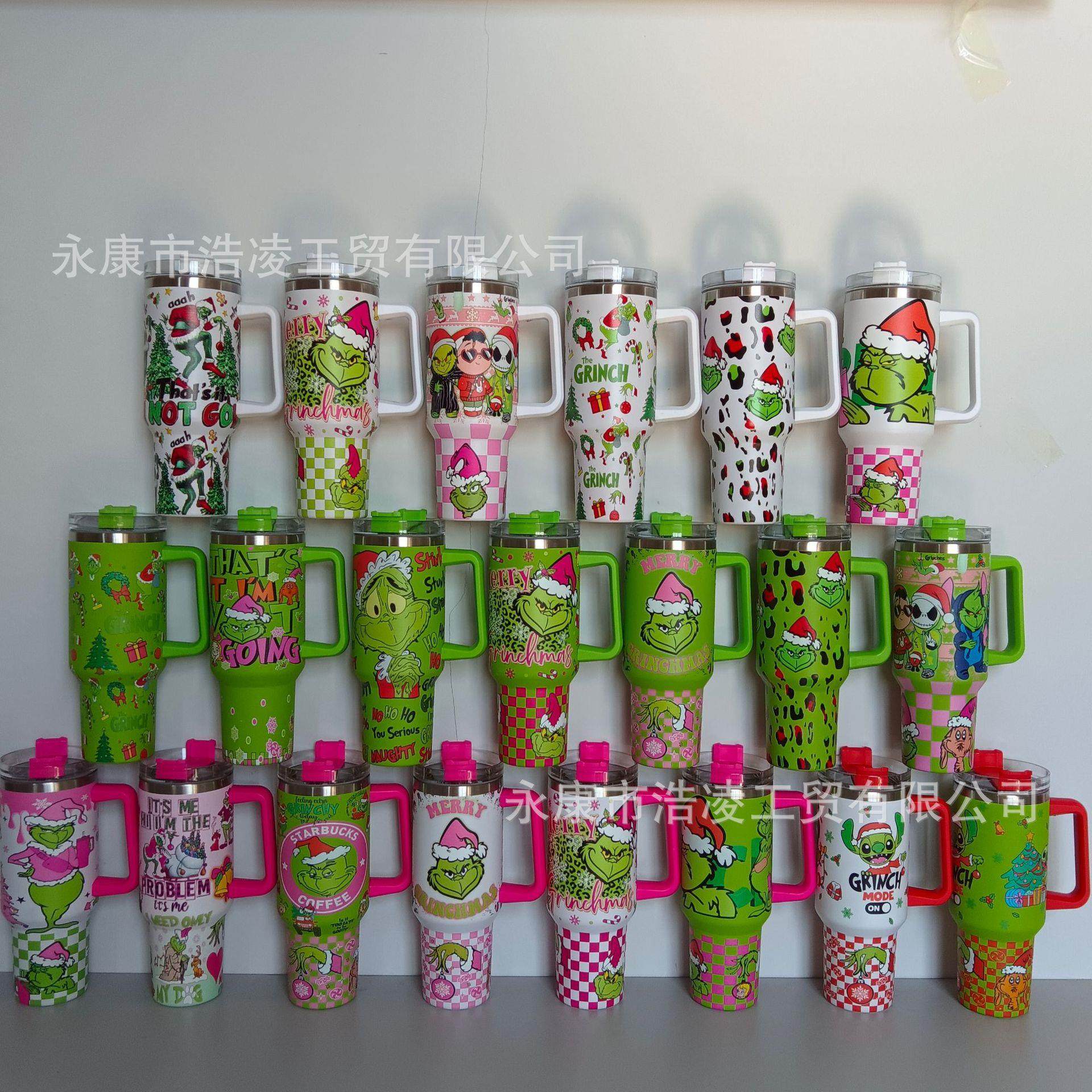 2024跨境厂家新款格林奇40oz冰霸杯 304不锈钢保温杯带吸管汽车杯