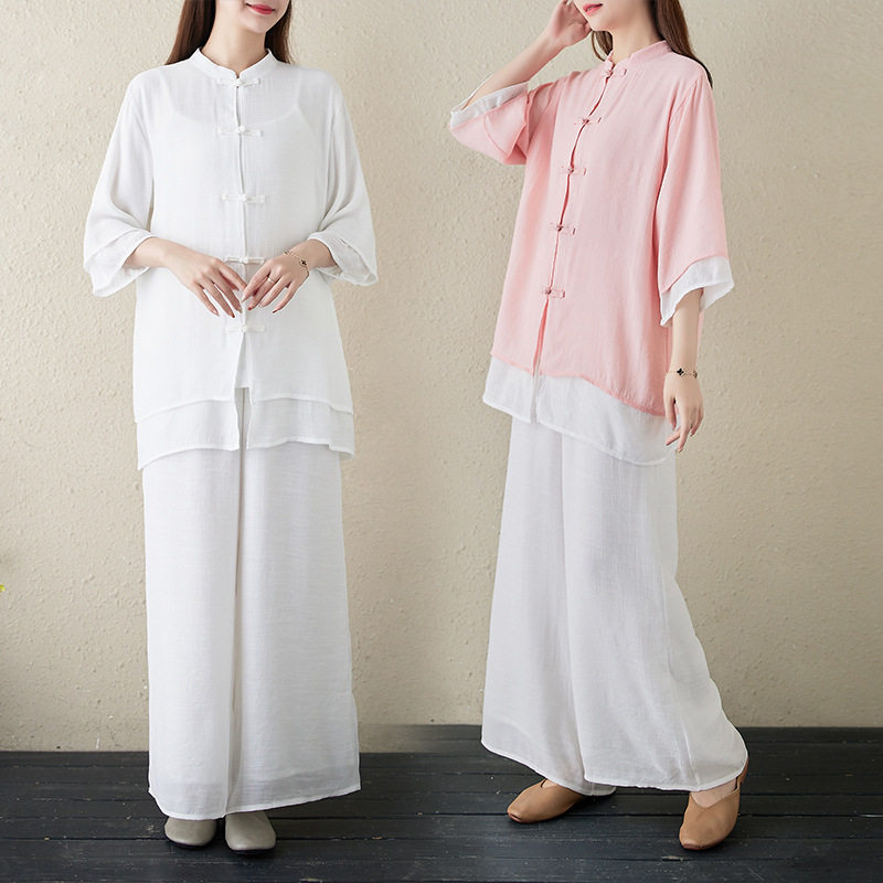 现货茶服仙气棉麻瑜伽服夏中式