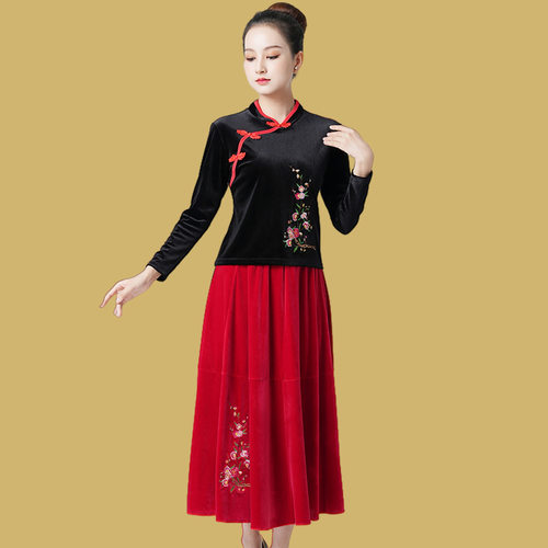 绒长袖绣花广场舞服装套装中老年