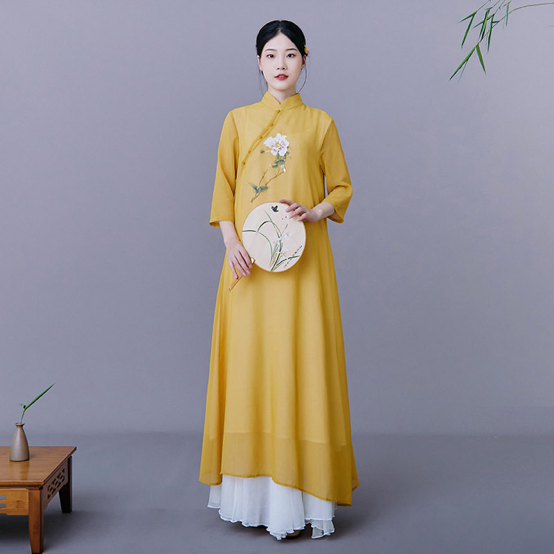 禅意茶服雪纺宽松女阔腿裤中复古