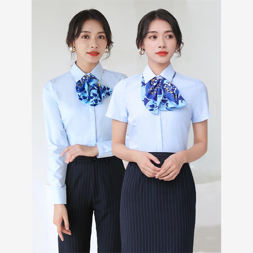 夏季新款建行工作服行服工装女单位白色条纹短袖衬衫微弹衬衣