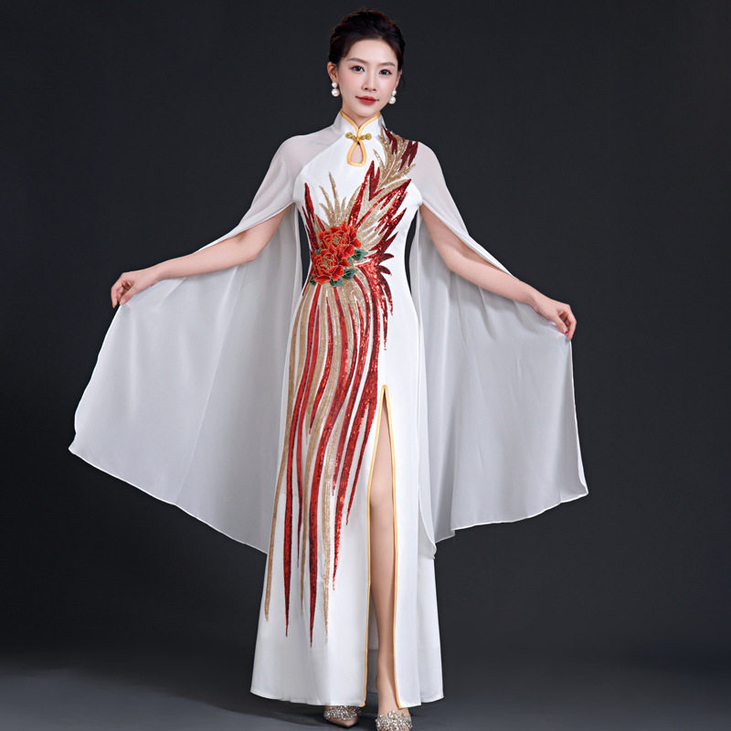 新中高端晚礼服鱼尾长款模特队舞台走秀演出服旗袍白色礼服/晚装