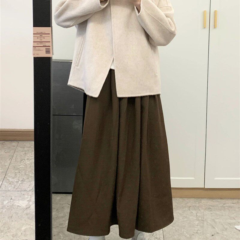 速发梨型身材黑色毛呢半身裙春季新款大码高腰长裙a字伞裙