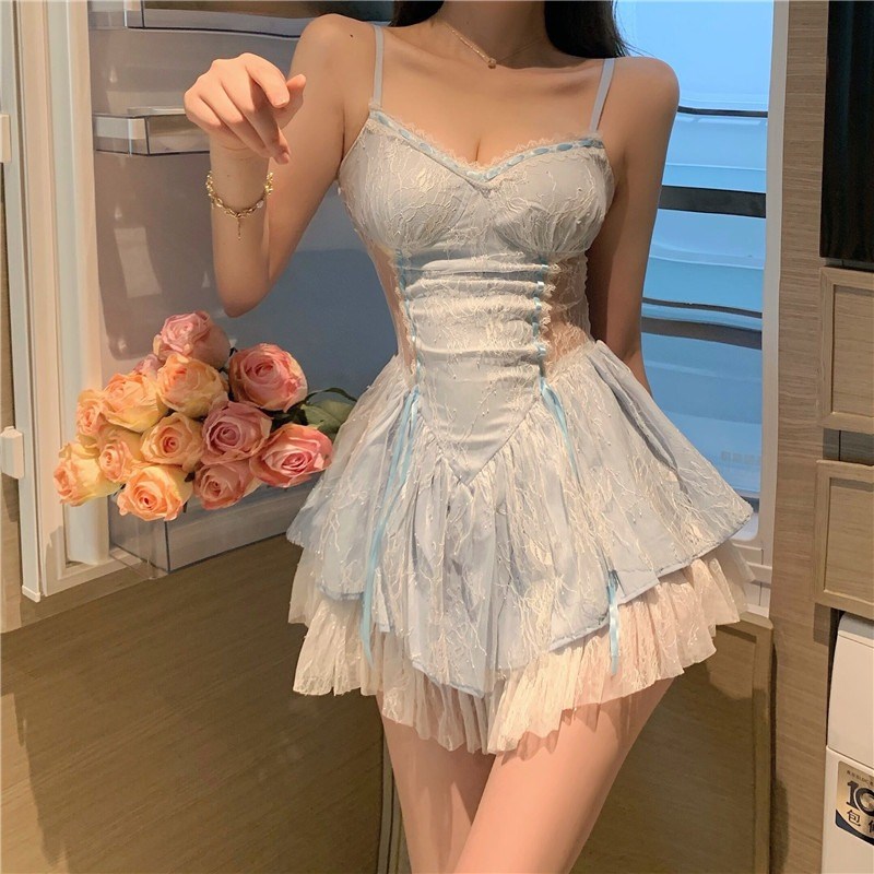 速发性感法式鱼骨束腰公主蓬蓬裙子夏小个子纯欲甜辣蕾丝吊带连衣