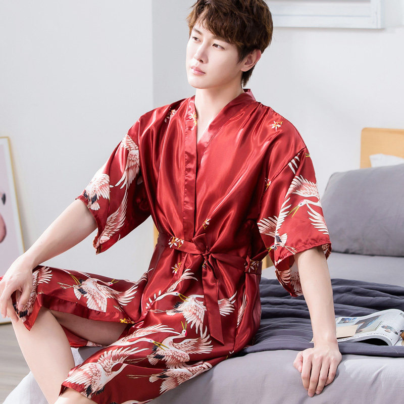 速发丝绸睡袍男夏季薄款浴袍睡衣大码仙鹤中长款家居服春秋个性潮