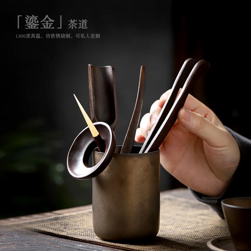 鎏金茶道六君子套装复古茶夹茶勺茶针整套收纳桶黑檀木纹茶道配件