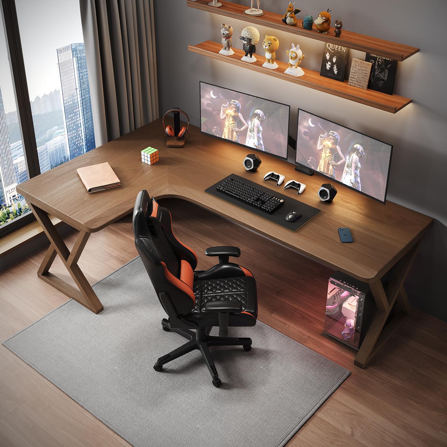 实木大板桌L形转角现代书桌家用电脑桌新电竞桌原木学习桌办公桌