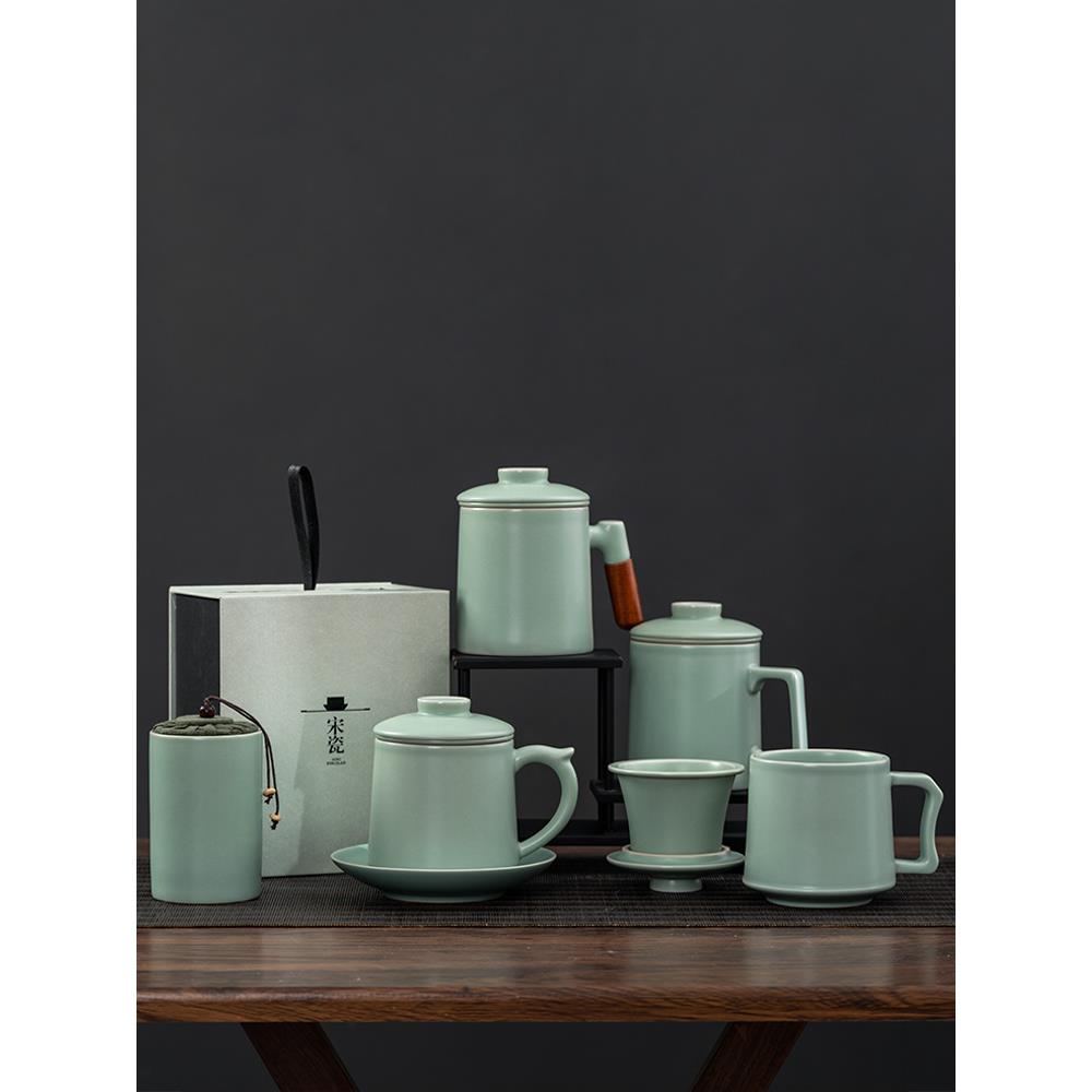 天青汝窑茶杯泡茶杯办公室个人专用茶水分离过滤杯马克杯陶瓷水杯