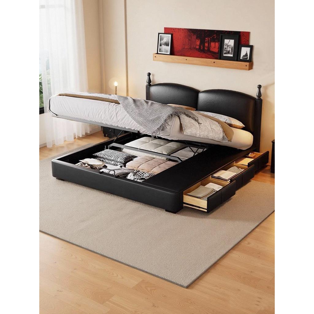 法式覆古樱桃床轻奢黑色真皮床中古风主卧室软包双人1.8米储物床