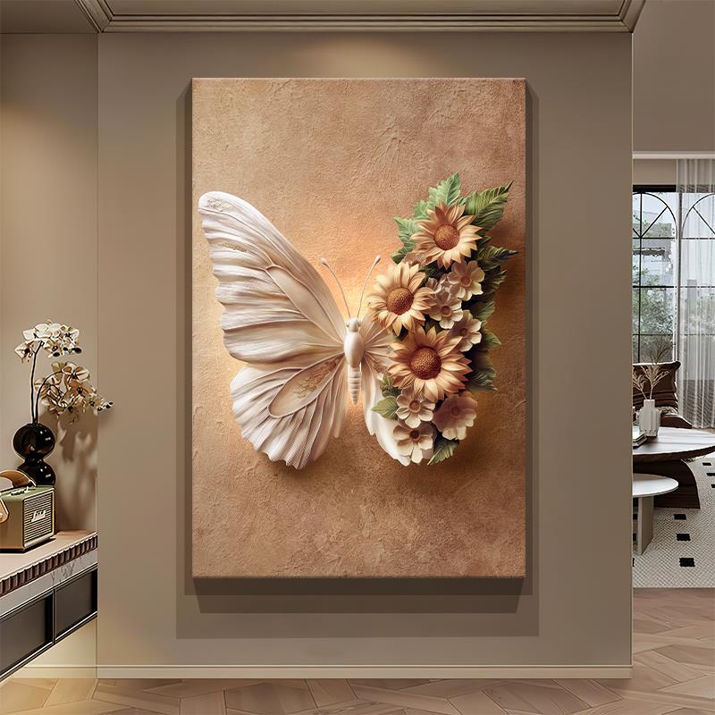 中世纪风格蝴蝶入口大厅装饰画立体浮雕纹理客厅挂画走廊过道墙壁