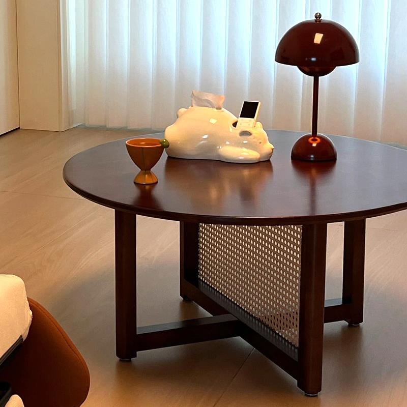 中古风茶几法式复古黑胡桃色实木小户型家用具客厅圆形边几矮桌子