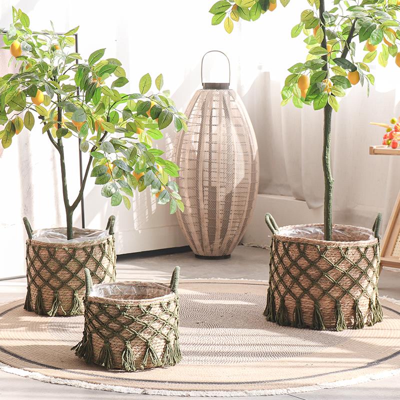 新款藤编编织花篮大花盆绿植盆栽套盆侘寂风客厅电视柜旁阳台装饰