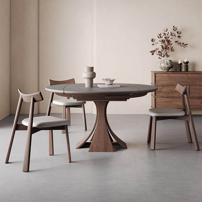 中古风实木折叠餐桌椅子2025新款网红家庭小户型岩板伸缩可变圆桌