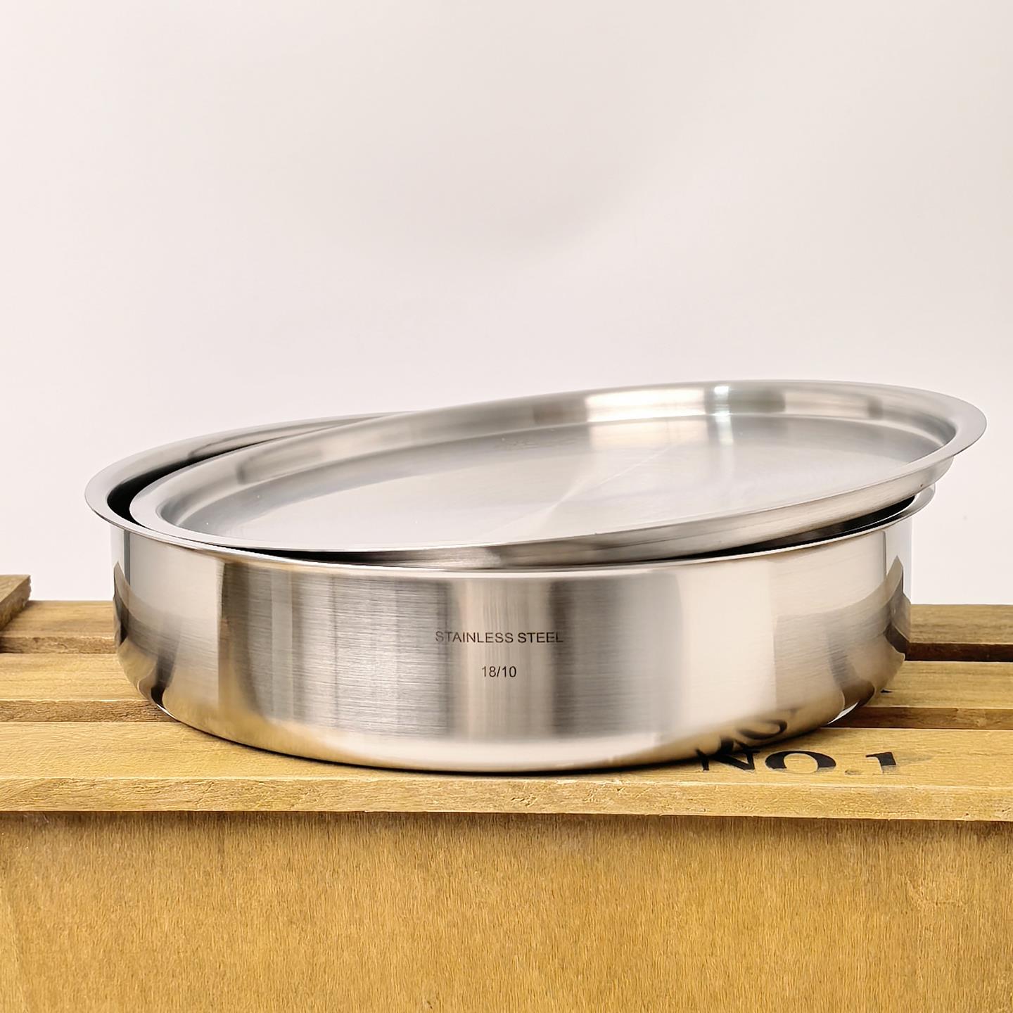 18/10不锈钢盘18-28cm蒸糕盘冷皮巩加厚平底果盘带盖保鲜