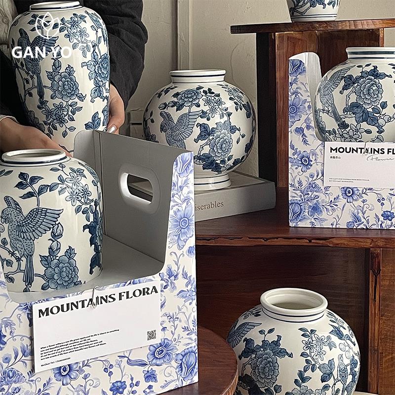 港与 青花瓷花瓶鲜花花束陶瓷插花瓶中式瓶插花家居装饰花瓶摆件