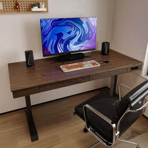 北美黑胡桃木电动实木双电机加带抽屉升降电脑办公工作台学生书桌